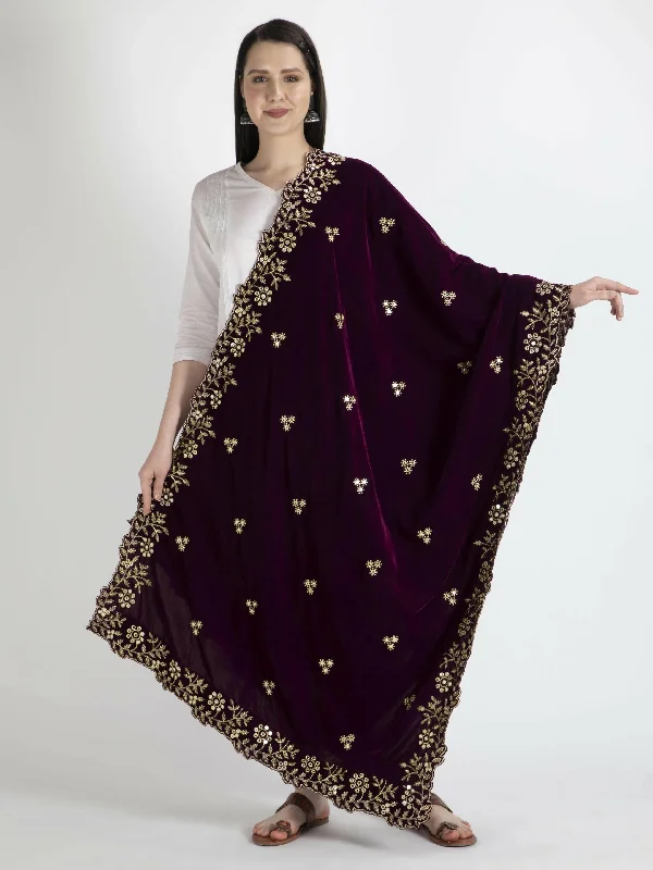 Brown Embroidered Velvet Shawl Dupatta For Women Soft Wool Shawl Wrap