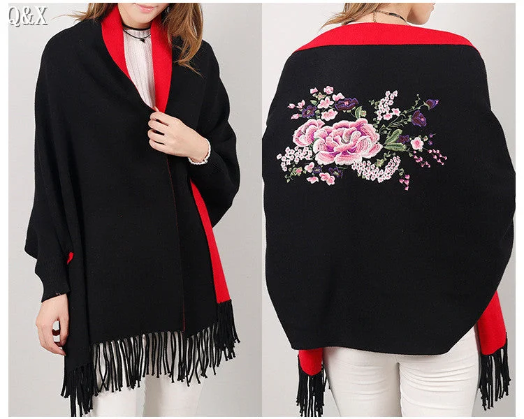 SC15 2017 Scarf Winter Faux Cashmere Poncho Women Solid Female Long Sleeves Wrap Vintage Shawl With Back Embroidered Floral Classic Wool Shawl Wrap