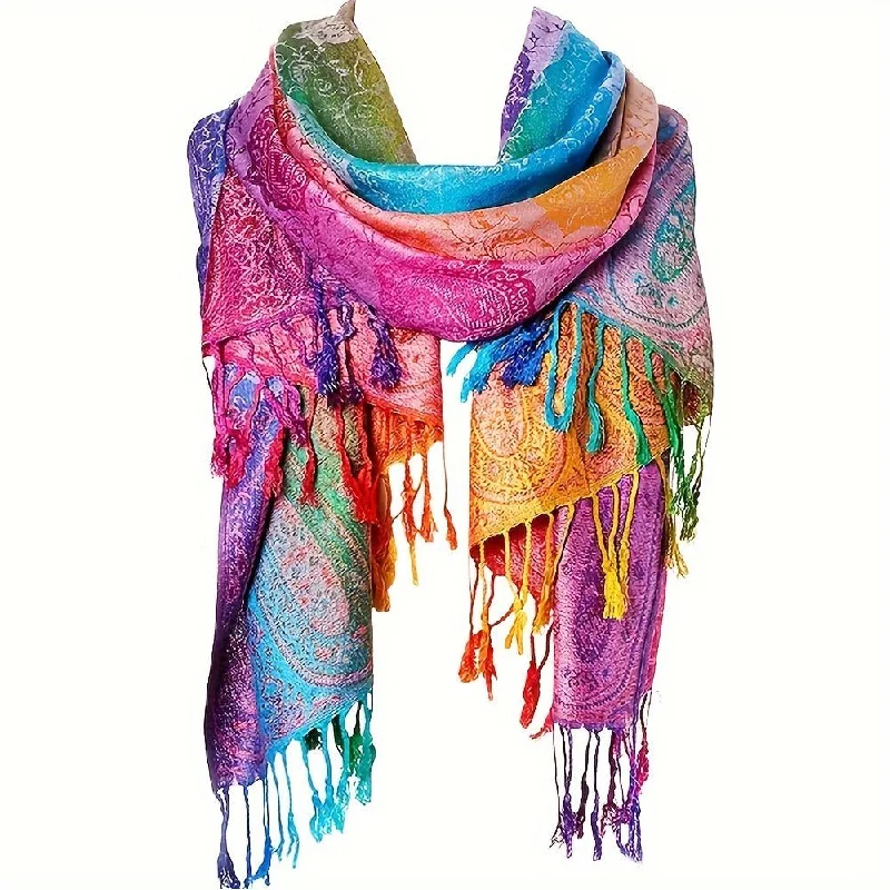 Elegant Jacquard Satin Paisley Scarf: Boho Rainbow Gradient Tassel Shawl - Trendy Windproof Warm Wrap Cozy Chunky Knit Shawl