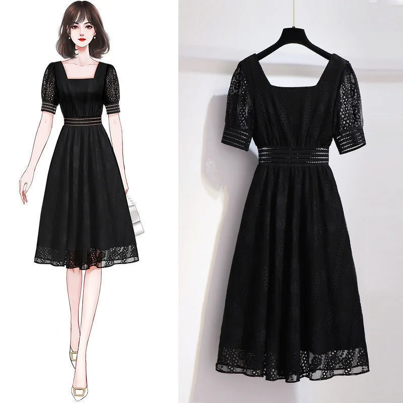 ARWEN& AJH GROUP 2024 New  مجموعة أروين Black French Square Collar Dress Women's Summer 2024 New Slimming Long Dress Hepburn Style Lace Small Black Dress Tunics Luxurious high-end