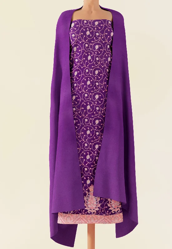 Pashtush Unstitched Kashmiri Embroidery Suit with Shawl, Fine Wool, Soft and Warm, Purple Cozy Woolen Shawl Scarf