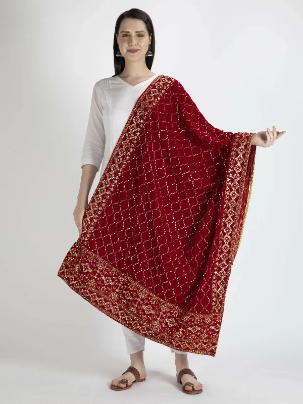 Red Embroidered Shawl Dupatta For Women Fashionable Shawl with Fringe