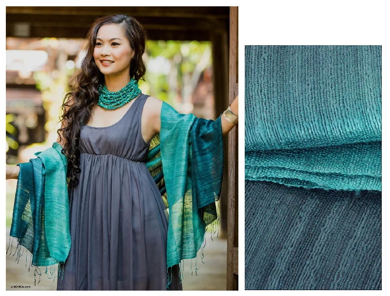 Bold Teal Silk Shawl Stylish Fringed Shawl Cape