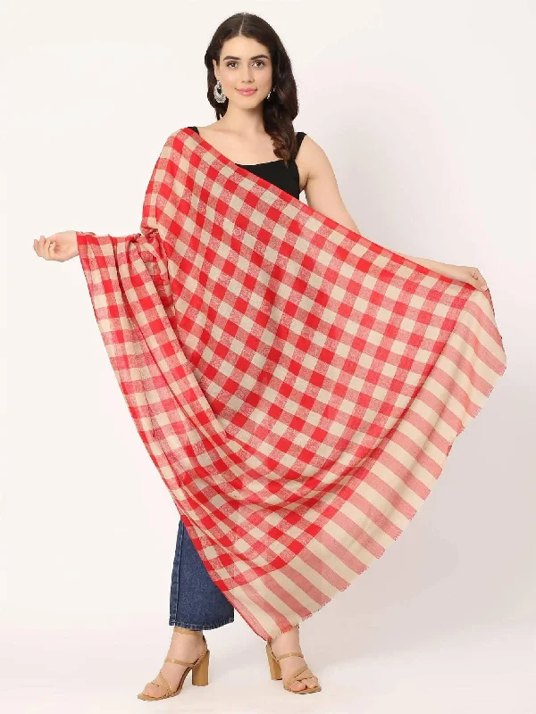 Red Check Pattern Light Weight Pure Wool Shawl for women ( 40 x 80 Inches ) Comfortable Shawl Scarf Wrap