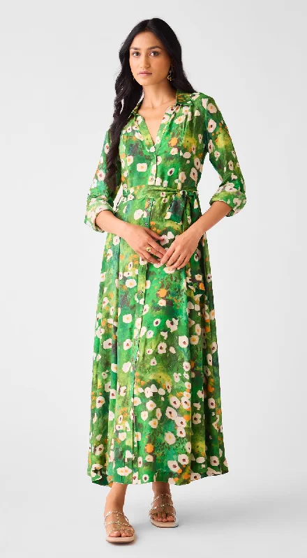 Green Muslin Floral Long Dress Tunics New arrival