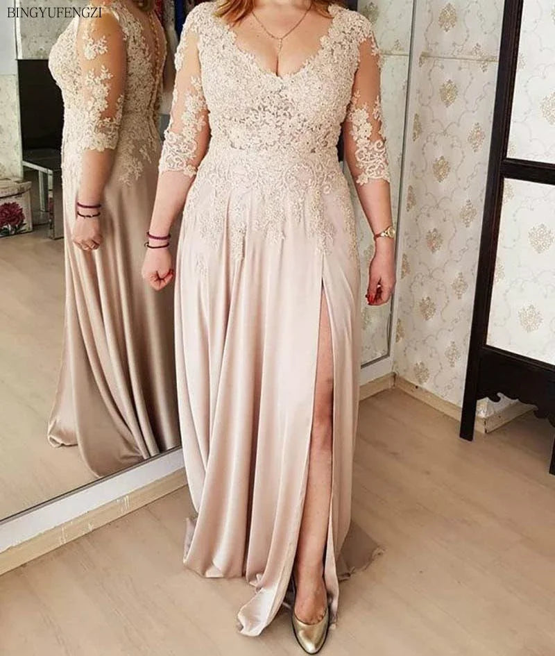 Plus Size 2024Mother of The Bride Dresses A-line V-neck 3/4 Sleeves Chiffon Appliques Long Groom Mother Dresses for Weddings Tunics New arrival