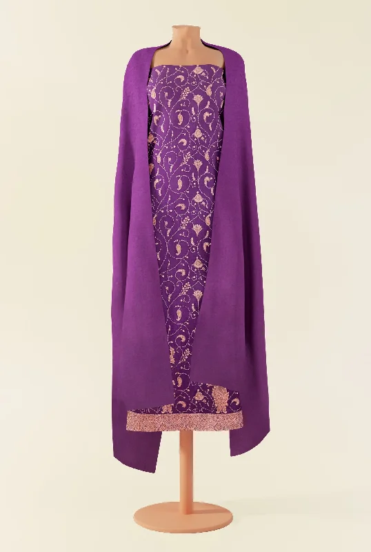 Pashtush Unstitched Kashmiri Embroidery Suit with shawl, Fine Wool, Soft and Warm, Mauve Warm Wool Shawl Cape