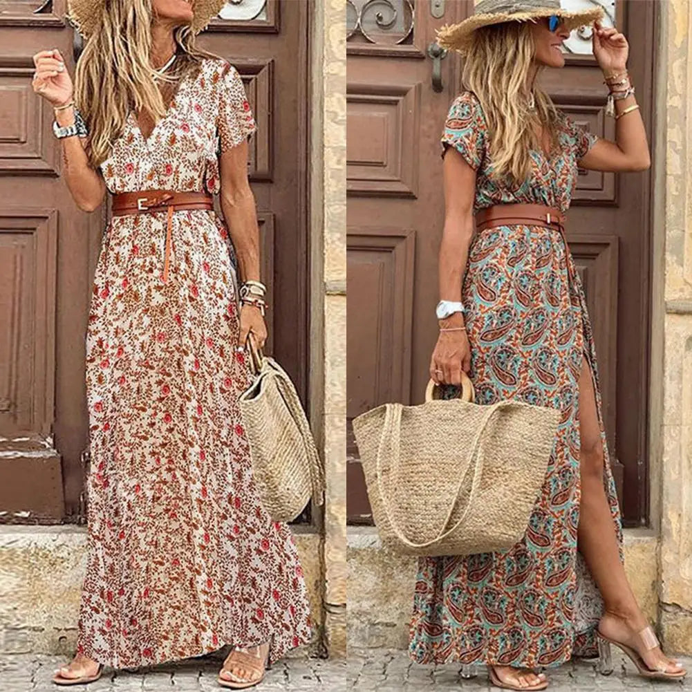 ARWEN & AJH GROUP  HOT SALE!! Boho Women V Neck Short Sleeve Paisley Print Belt Large Hem Beach Long Dress print dress summer beach dress with belt Elegant Long Evening