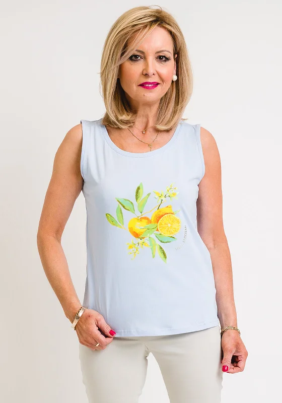 Leon Collection Lemon Print Tank Top, Blue one shoulder tank