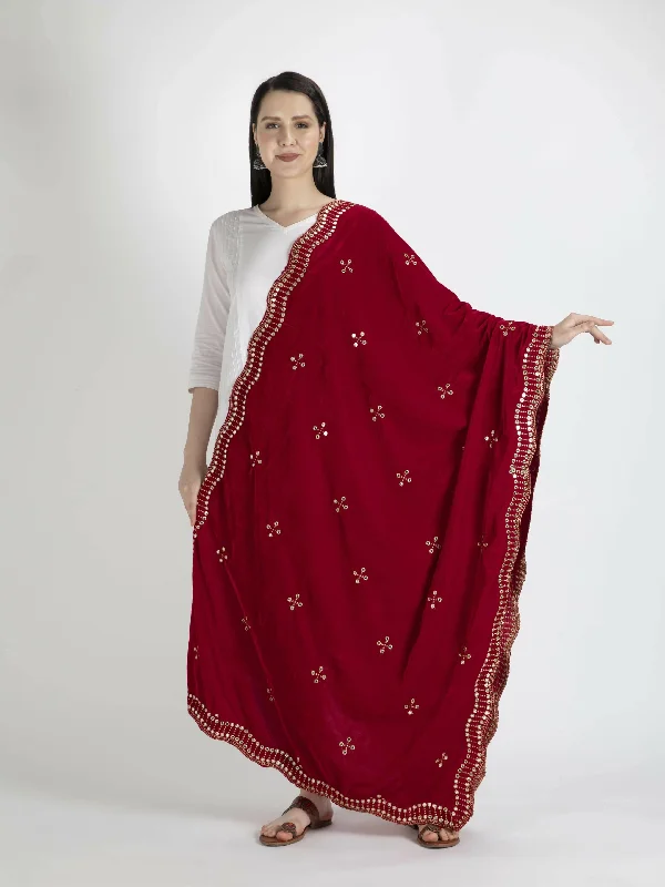 Embroidered Velvet Red Shawl Dupatta For Women Chic Floral Print Shawl