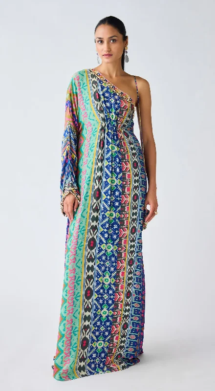 Blue Printed Asymmetric Neckline Dress Tunics Luxurious premium