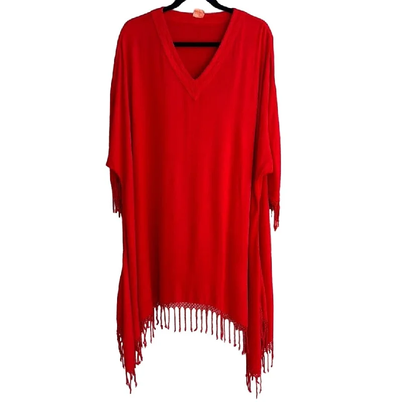 Women's Red Boho Flowy Prairie Batwing Sleeve V Neck Fringed Poncho Shawl - OS Fashionable Shawl with Tassels