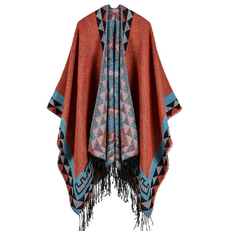 Autumn Winter Boho Women Knitted Shawl Poncho Faux Cashmere Geometric Pattern Tassel Oversized Warm Long Cape Scarf cachecol Stylish Cashmere Shawl Cape