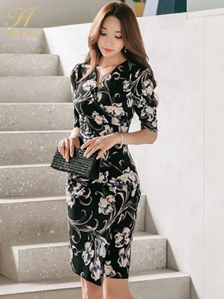 ARWEN & AJH GROUP   Hot Sales Elegant Fashion V-Neck Slim Print Vintage Pencil Dress Womens Simple Dresses Casual Party Office Vestidos Pencil Office Professional