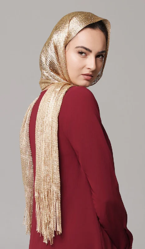 Silky Sparkle Non-slip Shawl Hijab - Gold Trendy Floral Print Shawl