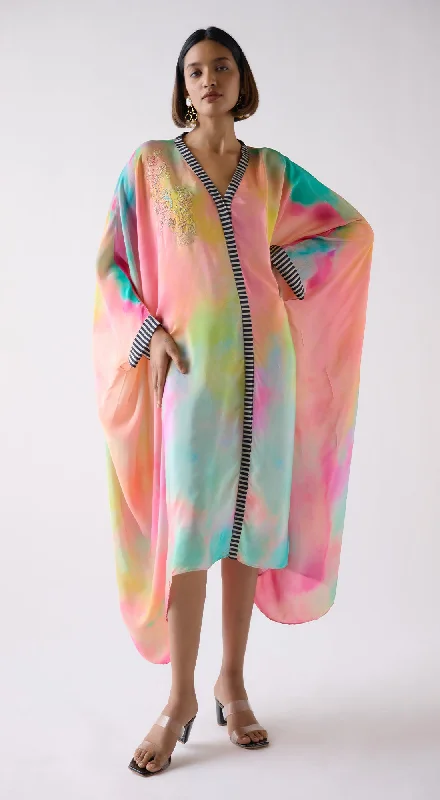 Multi Crepe Abstract Print Kaftan Dress Tunics Yoga stretchy