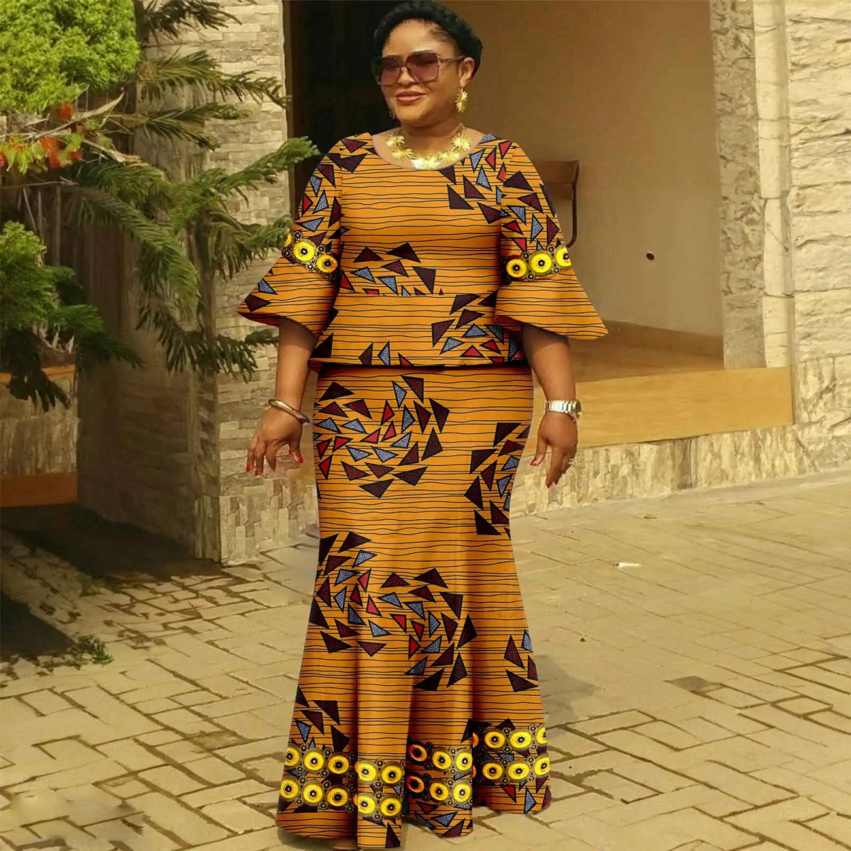 African Women's 2PC Dress – Loose-Fit Gold Printed Fabric with Flared Sleeves Tunics Luxurious high-end