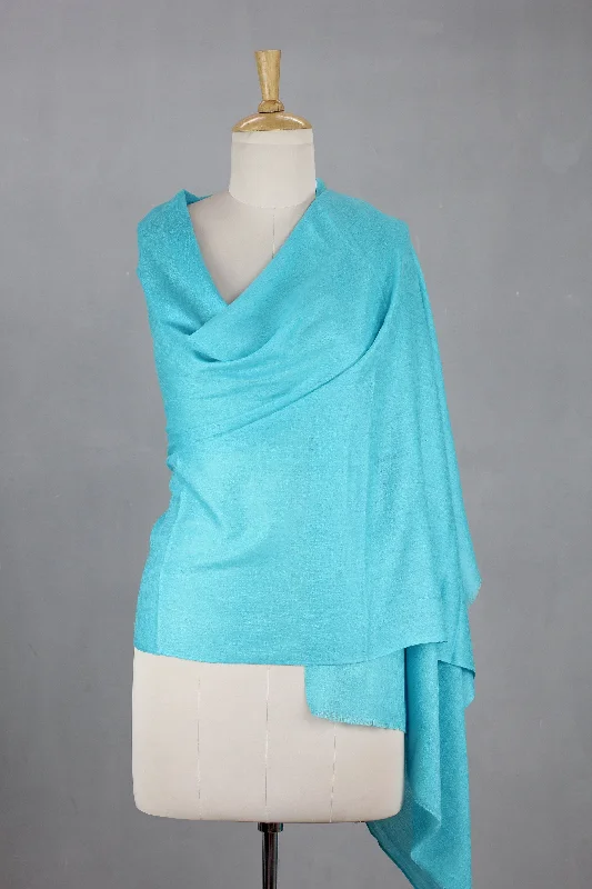 Cyan Glamour All-Wool Sky Blue Women's Shawl Handwoven in India Trendy Knitted Shawl Wrap