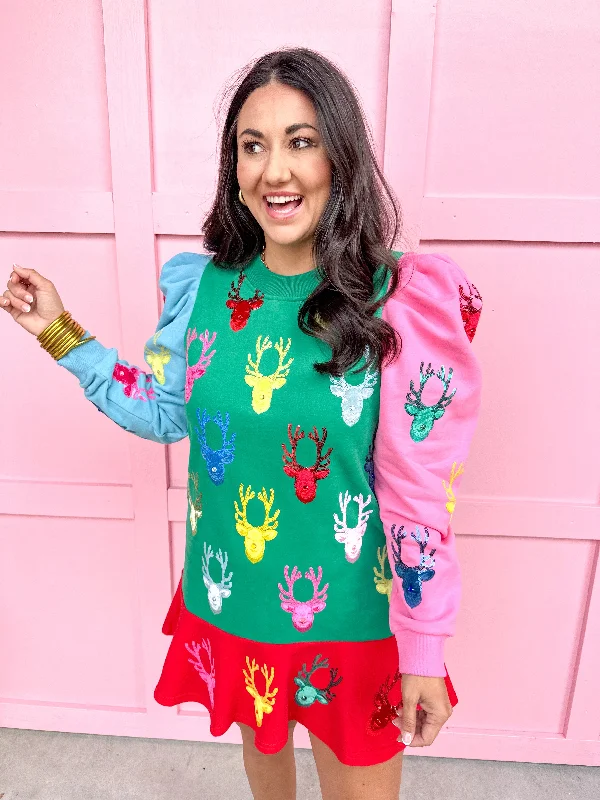 QUEEN OF SPARKLES | Colorblock Dress with Velvet Reindeer Heads Tunics Bestseller popular