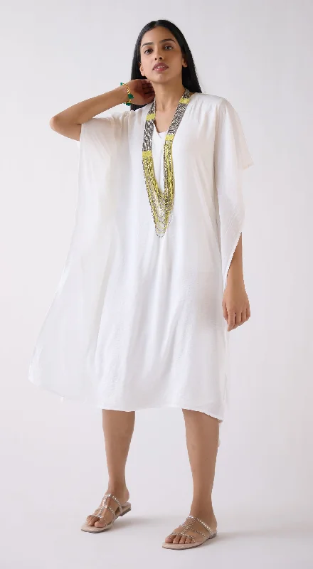 Ivory Crushed Satin Blend Kaftan Dress With Mala & Spaghetti Tunics Denim casual