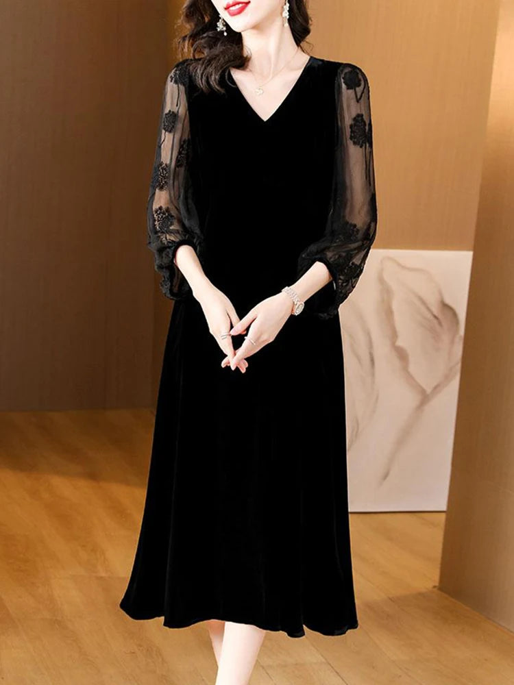 مجموعة أروين Women Elegant Luxury Party Evening Dress 2024 Black Velvet Patchwork Embroidery Sleeve Dress Autumn Winter Vintage Hepburn Dress Tunics Seasonal trendy