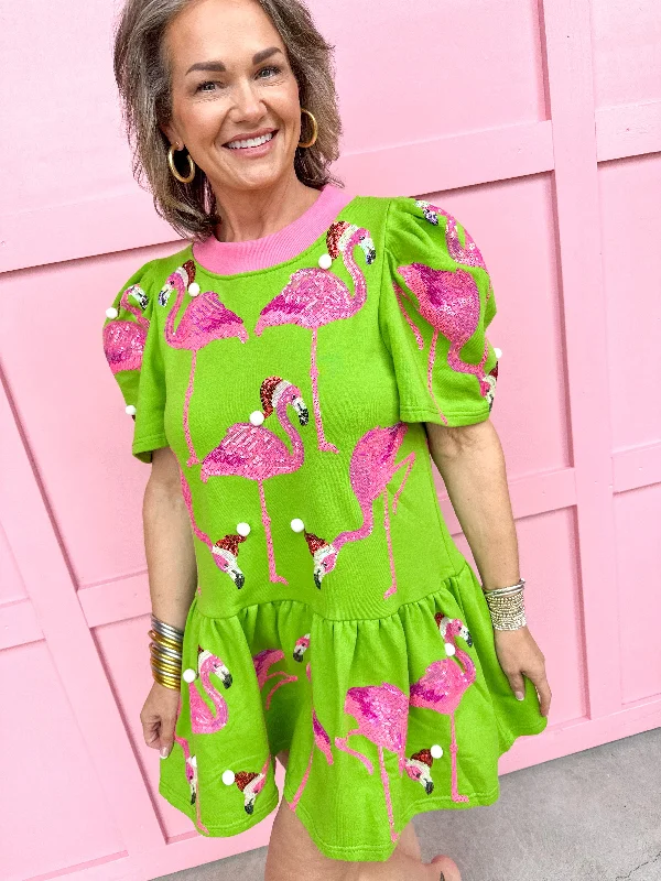 QUEEN OF SPARKLES | Lime Green Flamingos in Santa Hats Dress Tunics Review highly