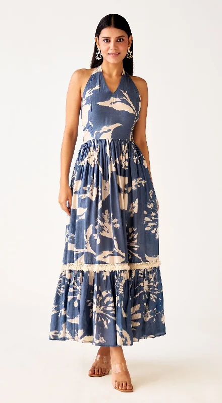 Blue Muslin Floral Long Dress Tunics Chic fashionable