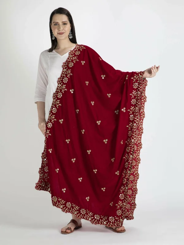 Embroidered Velvet Shawl Dupatta For Women (Red) Comfortable Knitted Shawl Wrap