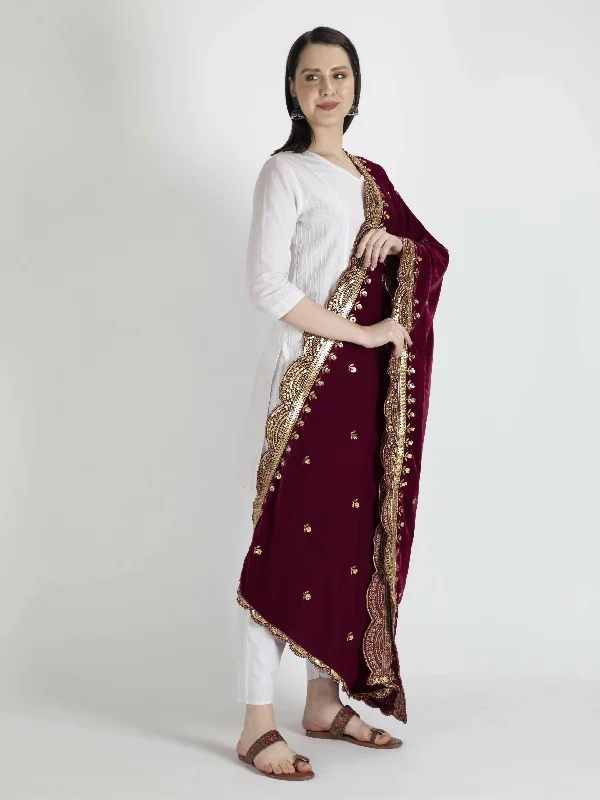 Maroon Embroidered Velvet Shawl Dupatta for women Comfortable Summer Shawl Wrap