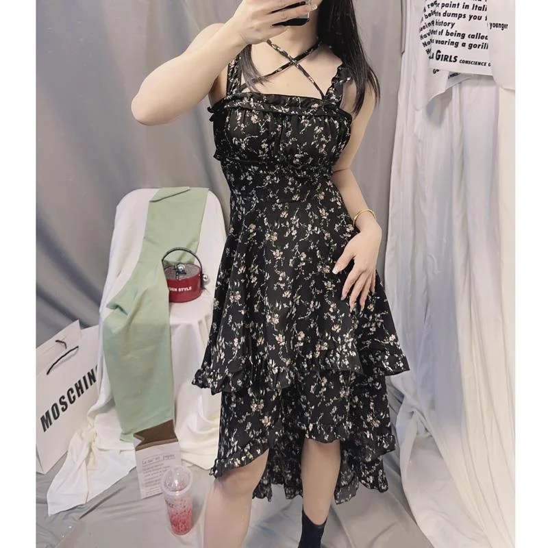 ARWEN&AJH GROUP مجموعة أروين 2024 Strap Skirt Square Collar Waist Slimming Irregular Design Dress 2024 Lace Strap Fashion Floral Tunics Trendy modern