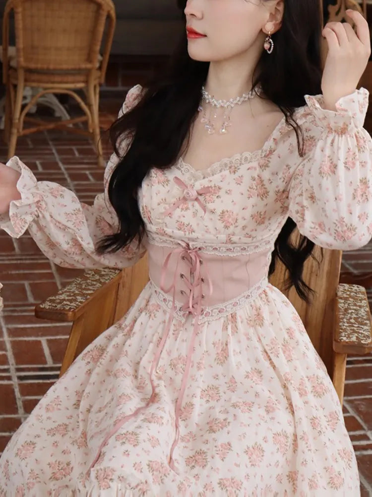 ARWEN & AJH GROUP 2024 Spring Pink Floral Elegant Dress Women Bandage Lace Print Sweet Vintage Dress Puff Sleeve Dress Women Princess Fairy Tunics Sophisticated sleek