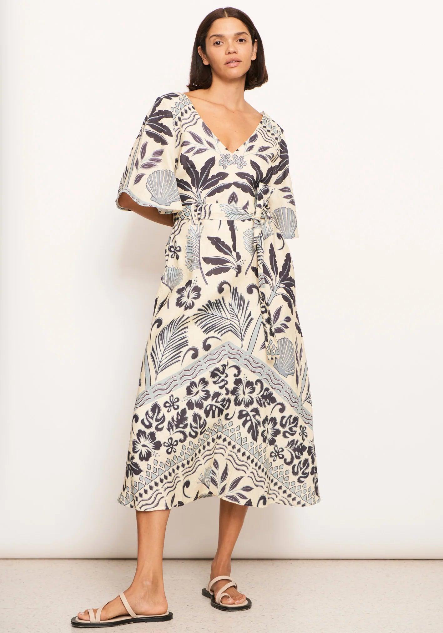 POL Clothing Paradise Bias Dress in Paradise Palm Print Tunics Solid Classic