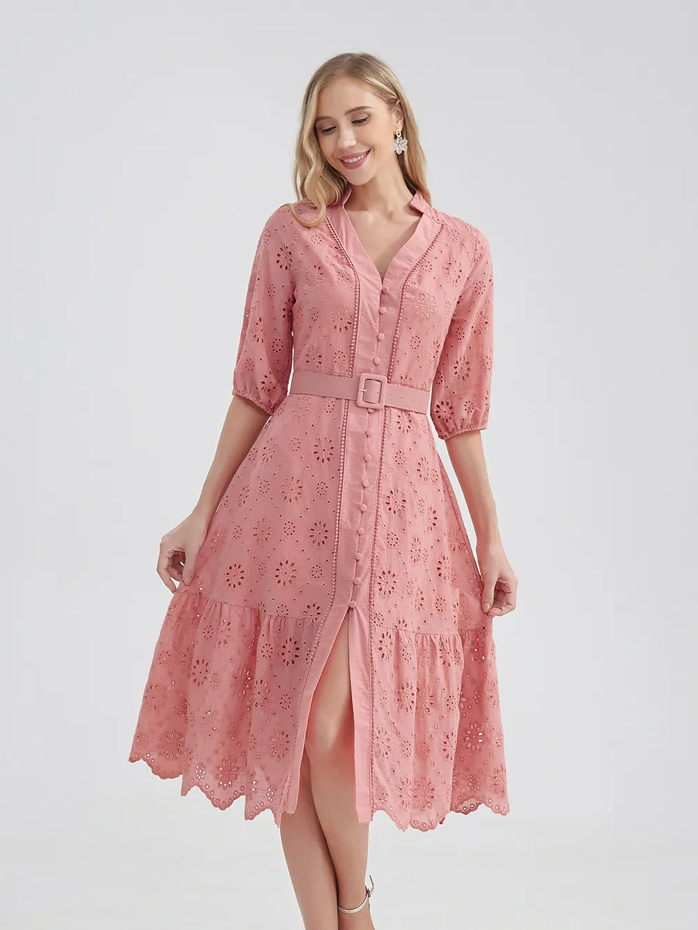 ARWEN & AJH GROUP  Cotton Hollow Out Summer Dress Women Holiday   Casual High Waist Ruffled Mini V-Neck Dresses A-line Frills Floral Print girly