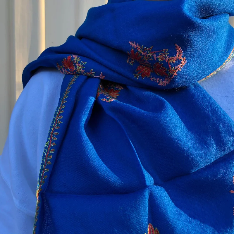 Fair Trade Embroidered Wool Shawl/Stole/Scarf (Blue Flower) Comfortable Embroidered Shawl