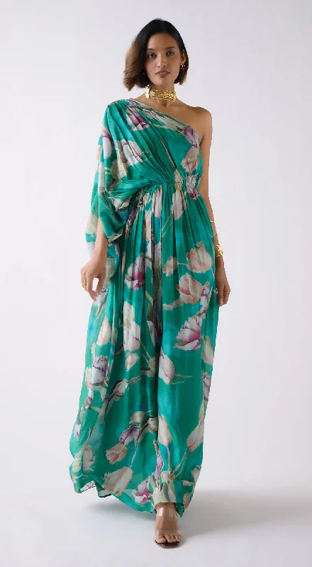 Green Muslin Floral Dress Tunics Cozy comfortable