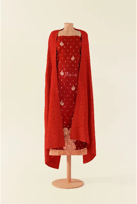 Pashtush Unstitched Kashmiri Embroidery Suit with shawl, Fine Wool, Soft and Warm, Red Comfortable Knitted Shawl Wrap