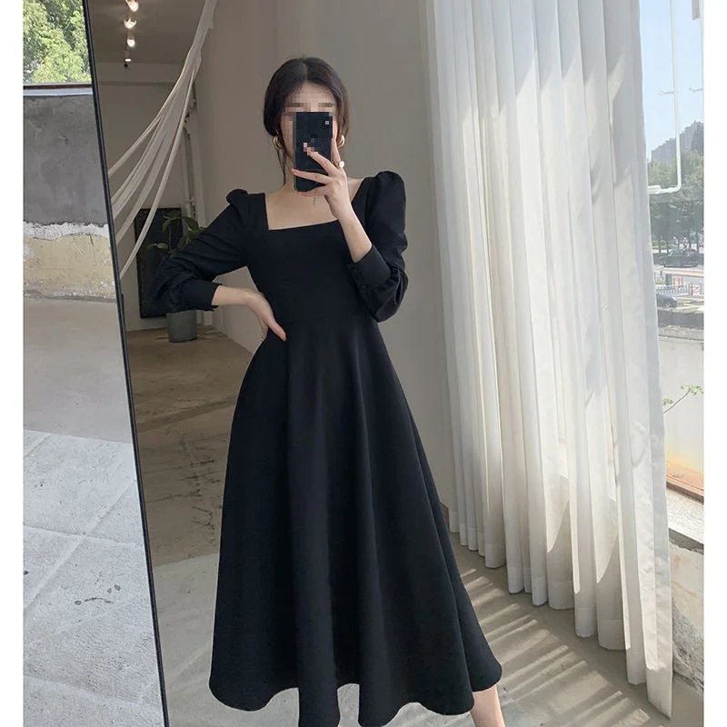 ARWEN&AJH GROUP مجموعة أروين 2024 French THepburn Style Small Black Dress Women's 2023 Spring And Autumn New Retro Square Neck Long Over-the-Knee Black Elegant Dress Long Dress Tunics Sophisticated sleek