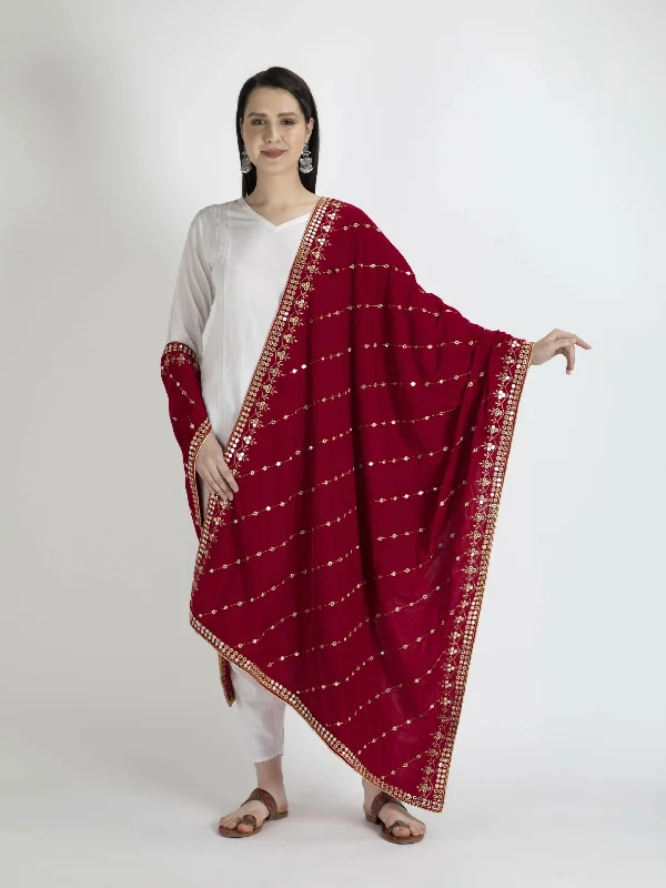 Red Embroidered Velvet Shawl Dupatta Fashionable Silk Shawl Wrap