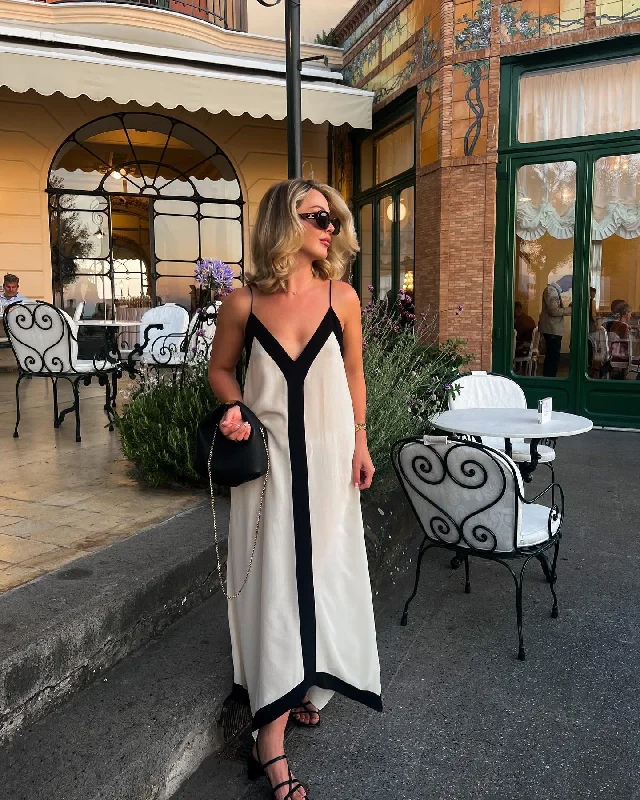 ARWEN&AJH GROUP مجموعة أروين 2024 Cross-border European And American Style Women's Summer New Lazy Vacation Style Temperament Contrast Color V Collar Thin Sling Dress Tunics Versatile functional