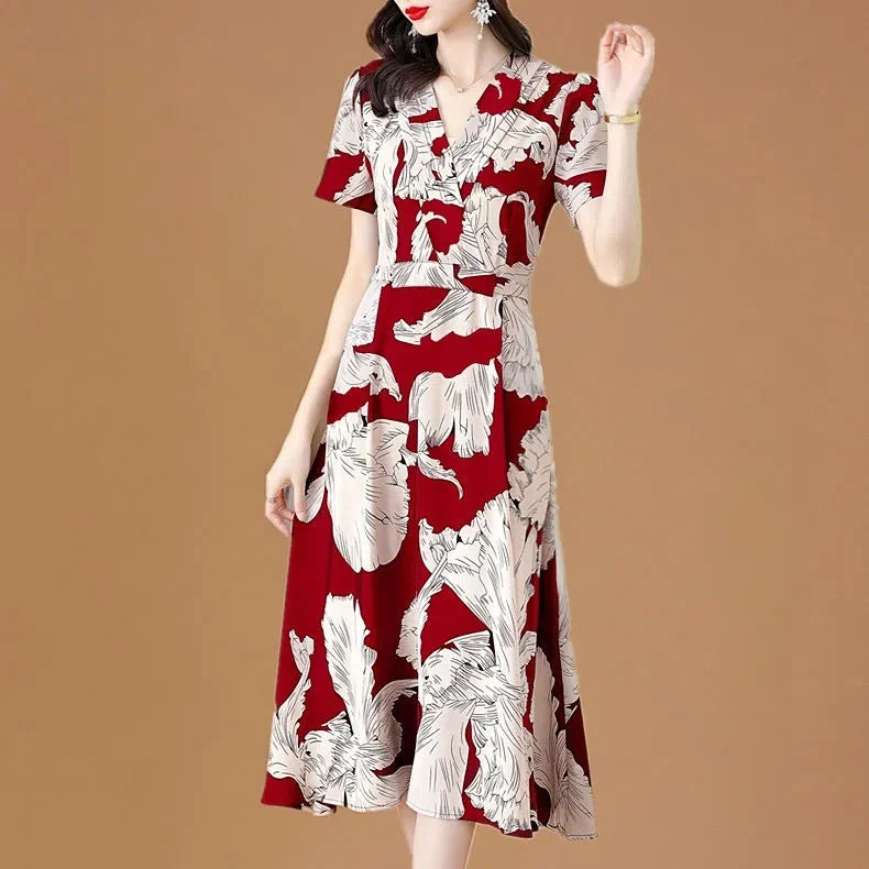 مجموعة اروين التجارية ARWEN&AJH GROUP  2024 European V-Neck Elegant Printed Women's Dress 2023 Summer New Slimming Age-reducing Mid-length Floral Short-sleeved Dress Tunics Party sparkling