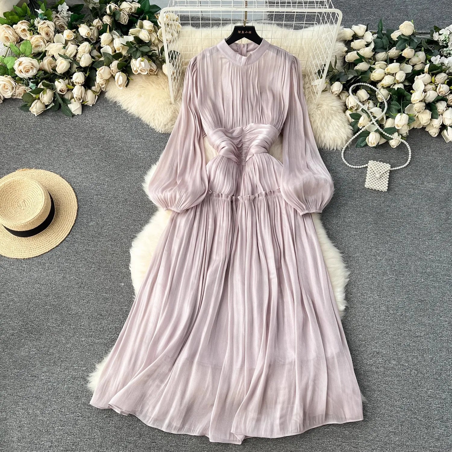 ARWEN & AJH GROUP 2024 New Elegant Spring Organza Red Puff Sleeve Prom Long Dress Fashion Women Stand Collar Ruffles High Waist Party Long Clothes Tunics Luxurious high-end