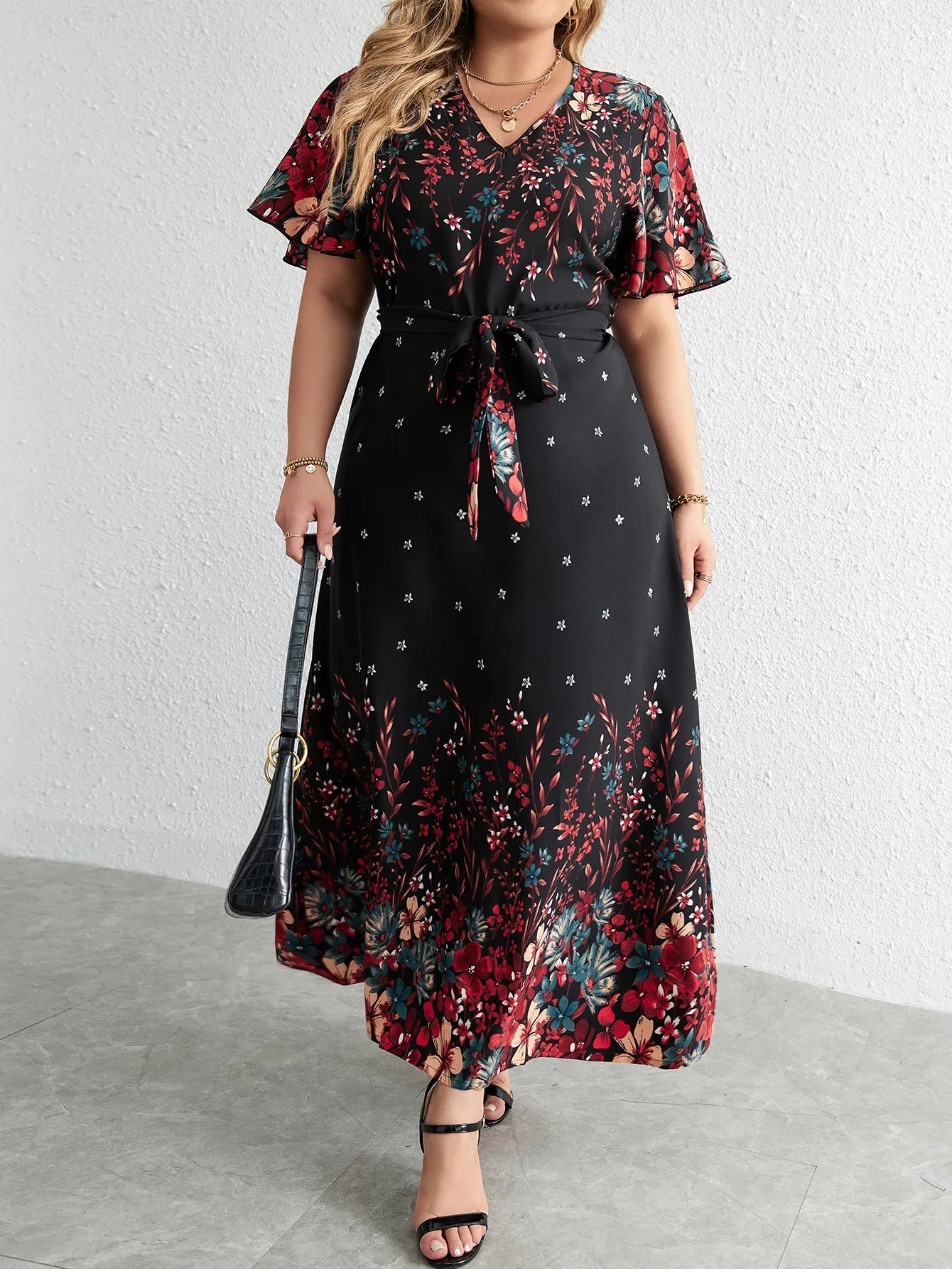 Plus Size Casual Dress Woman 2024Summer V Neck Short Sleeve Floral Print Long Dress Black Curvy Size Women Clothing Tunics Sale discount