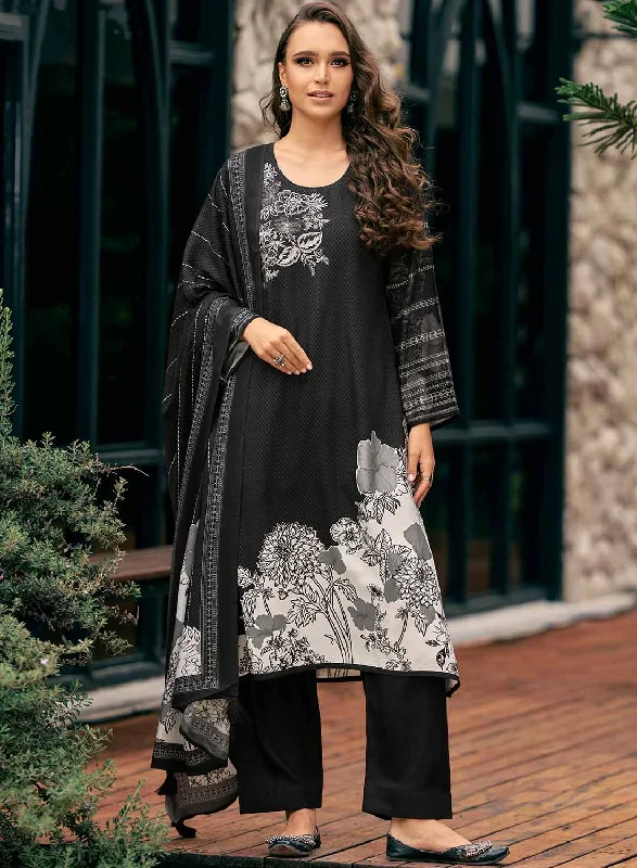 Black Pashmina Unstitched Winter Suit Material with Shawl Dupatta Soft Faux Fur Shawl