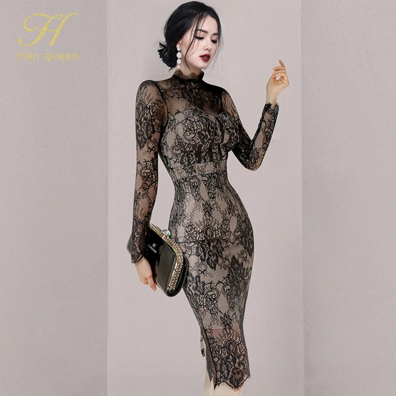 ARWEN & AJH GROUP  Autumn New See Through Lace Vestidos Korean Fashion Crochet Flowers Pencil Dress Elegant Simple Party Women Dresses Bodycon Club Sequined