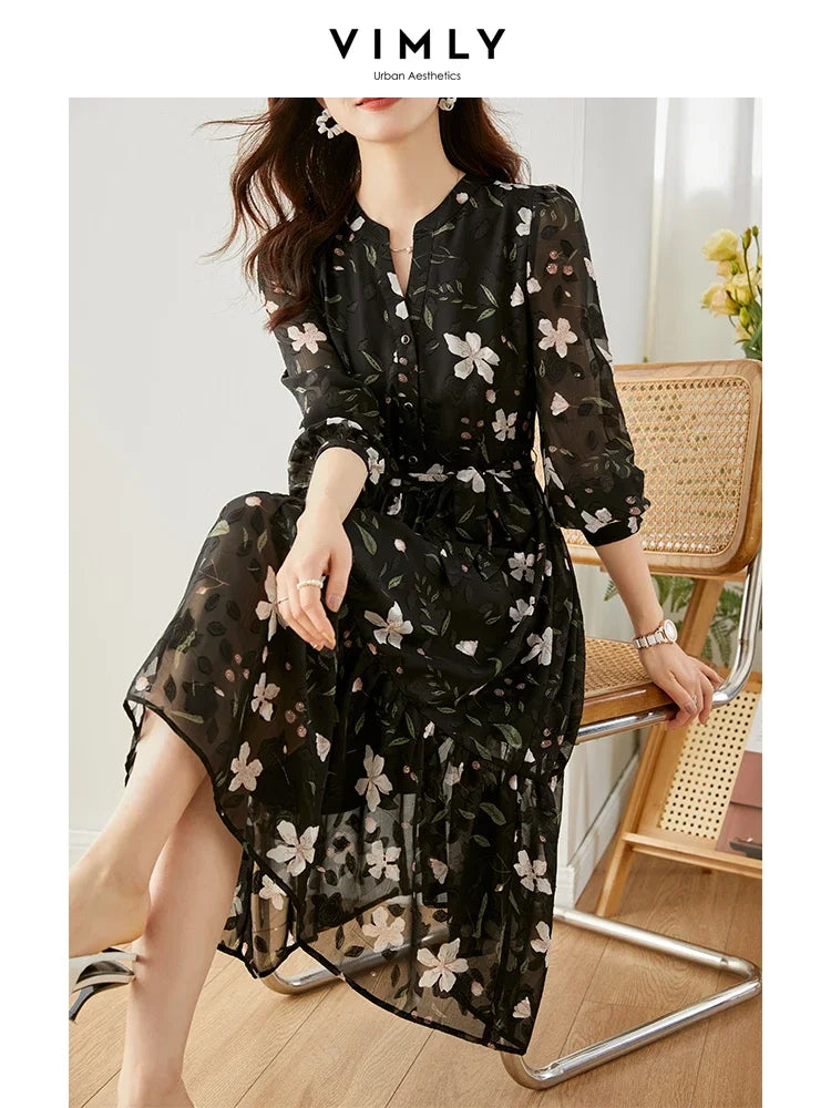 ARWEN & AJH GROUP Chiffon Floral Dress for Women 2024 Spring Vacation Outfit Elegant Vintage Long Sleeve Tie Belt Swing Midi Tiered Dresses Tunics Trendy modern