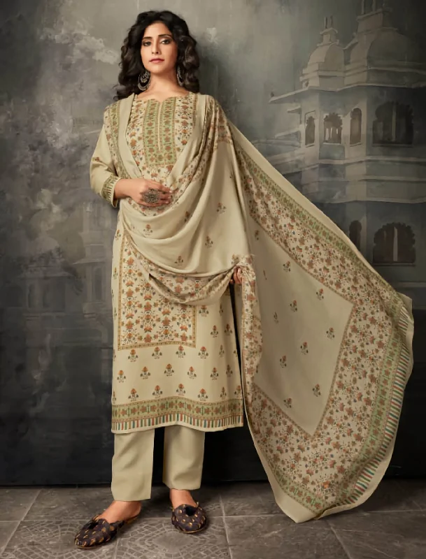 Woolen Pashmina Off-White Unstitched Suit Dress Material for Women Tunics Versatile all-occasion