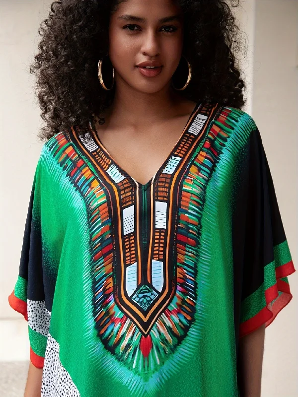 Caftan Dress Plus Size Boho Beach Cover-Up, Multi-Color Tribal Print Square Neckline Feminine