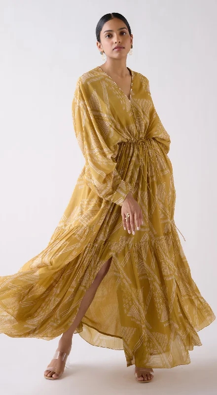 Mustard Muslin Abstract Print Dress Turtleneck Warm Winter