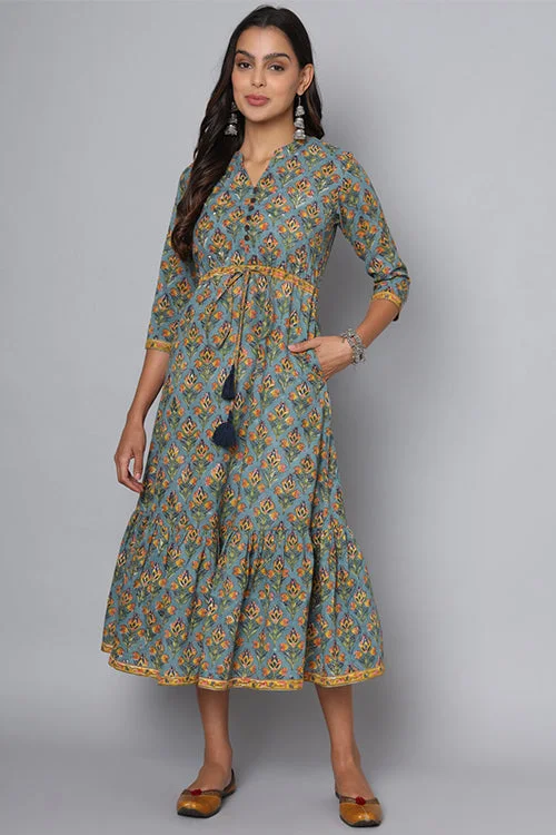 Shuddhi Powder Blue With Mustard Dress Tunics Silk luxurious