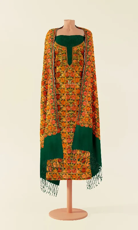 Pashtush women Fine Wool suit with shawl, Kashmiri embroidery design, Bottle Green Soft Cashmere Shawl Cape